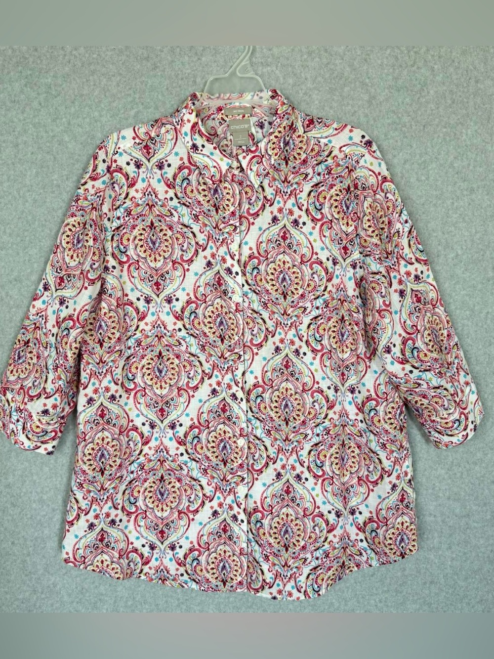 Chicos No Iron Linen Button Down Shirt Paisley Floral Spring Size 2 Large 12/14